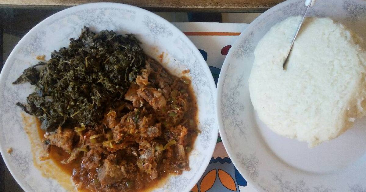 Dry fry meat and ugali with managu/mchicha Recipe by Milka James Cookpad
