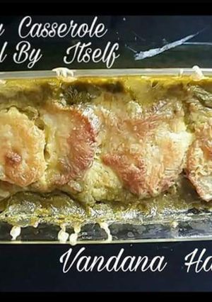 A picture of Dal Palak Potato Cheese Baked Casserole.