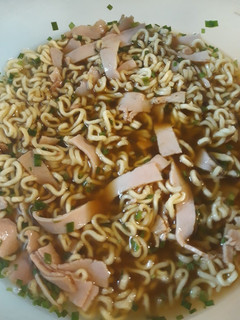 A picture of Beef Ramen with Black Forest Ham and Chives.