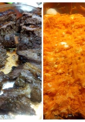 Una foto de Picanha sazonada al horno con ensalada de zanahoria y huevo