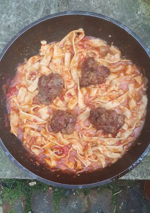 A picture of Fettuccine Ragout Beef Meatballs.