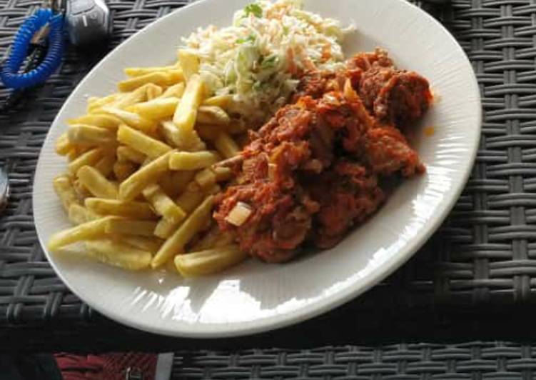 Recipe: Delicious Chips,coleslaw and sauced meat