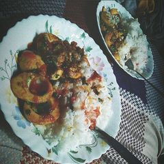 A picture of Rice and egg curry.