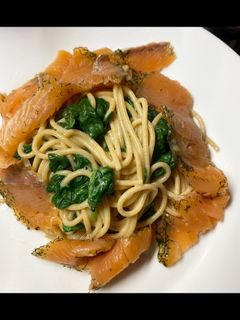 A picture of Creamy spaghetti with Smoked salmon.
