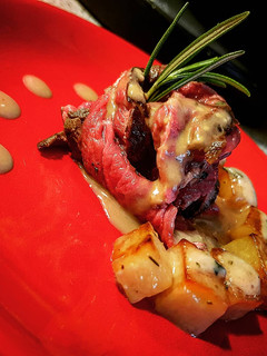 A picture of Roast Beef Shoulder with Coffee Roux and Pennyroyal Potatoes.