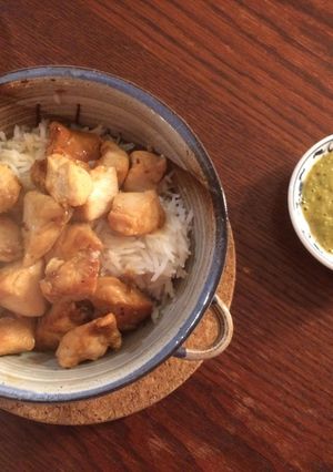 A picture of Chicken Satay with rice.