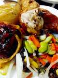 Pollo y conejo al horno acompañado con rocoto relleno y soltero de habas