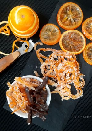 A picture of Candied Orange Peels and Candied Orange Slices.