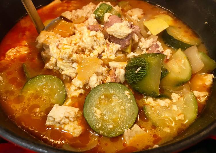 Steps to Make Favorite Spicy Hobak Jjigae (Korean Squash Stew) with Pork &amp; Tofu