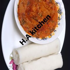 A picture of Pounded yam with Egusi soup.