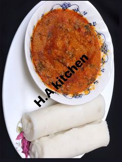 A picture of Pounded yam with Egusi soup.