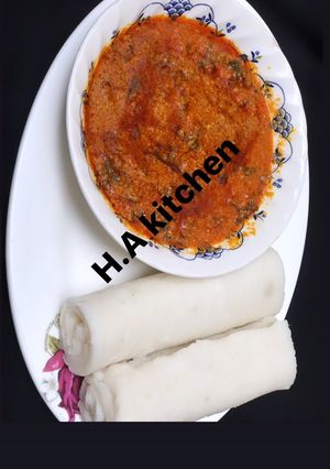 A picture of Pounded yam with Egusi soup.
