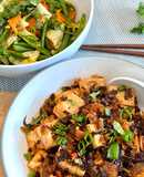 Đậu hủ sốt nấm sa tế chay+ rau xào