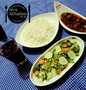 Easy Way Prepare White rice with Mongolian chicken stew,Green salad and champman the Delicious Appealing