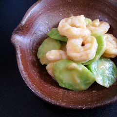 A picture of Broccoli Stem & Prawns ‘Nuta’ Salad with Miso Dressing.