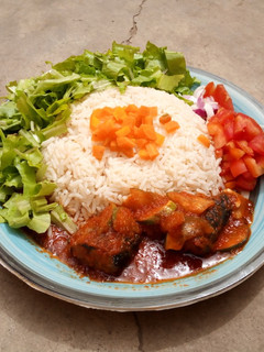 A picture of White rice and salad.