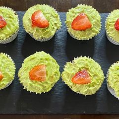 A picture of Matcha and Red Bean Cupcakes with Matcha Buttercream Frosting.