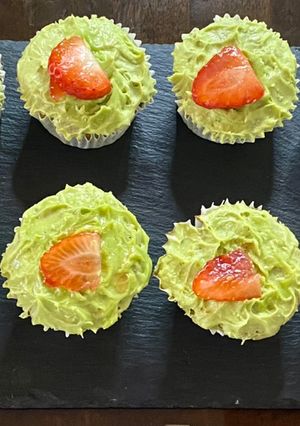 A picture of Matcha and Red Bean Cupcakes with Matcha Buttercream Frosting.