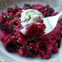 A picture of Vickys Beetroot Risotto (Oven Method), GF DF EF SF NF.