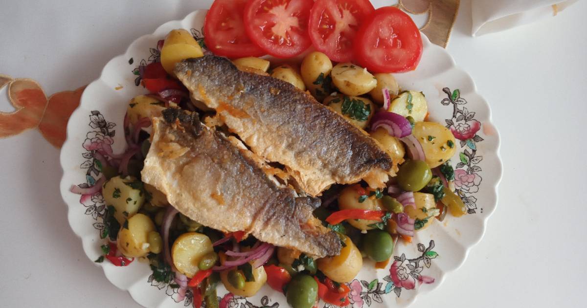 Pan fried sea bass fillets with mediterranean potato salad Recipe by
