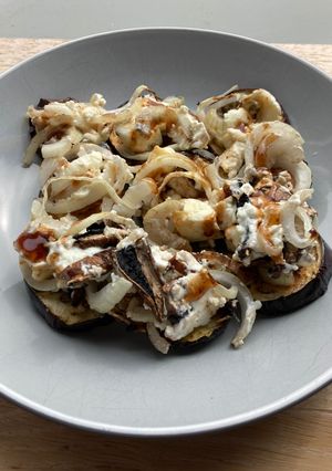 A picture of Energy-saving Air-fryer aubergine, feta and mushroom Roast.