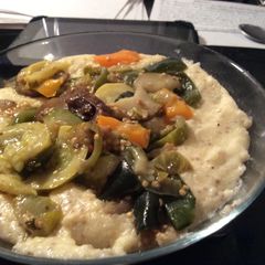 A picture of Sautéed Veggies and Creamy, Cheesy Grits.