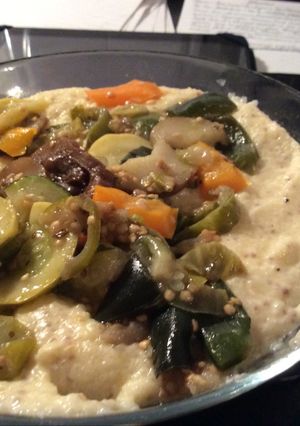 A picture of Sautéed Veggies and Creamy, Cheesy Grits.