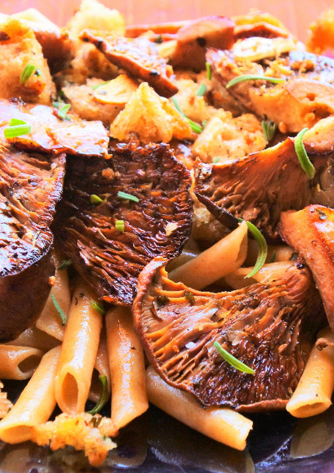 Una foto de Pasta con rovellons y miga de pan