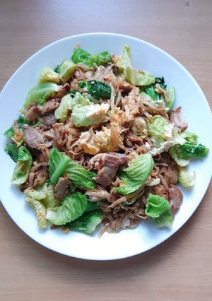 A picture of Stir-Fried Rice Noodles with Pork and Chinese Broccoli (Pad See Ew).