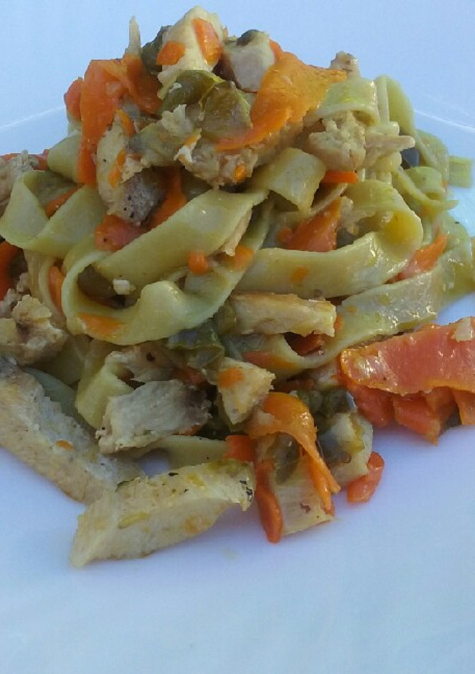 Una foto de Espaguetis de espinacas con tiras de filete