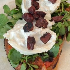 A picture of Burrata Toast with Tomato Jam and Lap Cheong.
