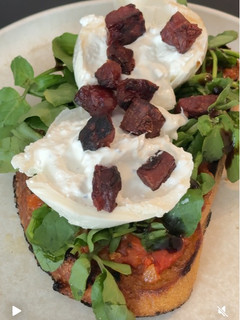 A picture of Burrata Toast with Tomato Jam and Lap Cheong.