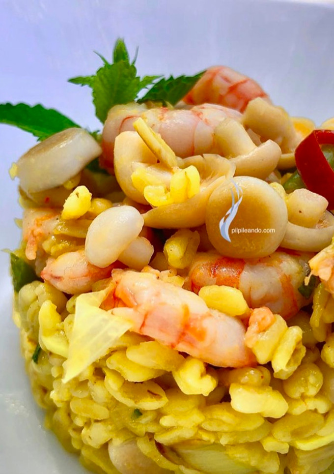 Una foto de Trigo Tierno con Gambas, Shimeji y Salvia 😋