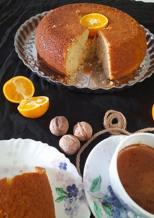 عکسی از دستور کیک پرتقالی گردویی ماهیتابه ای