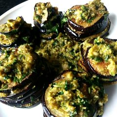 Brinjal palita with green besan gravy A picture of Brinjal palita with green besan gravy.