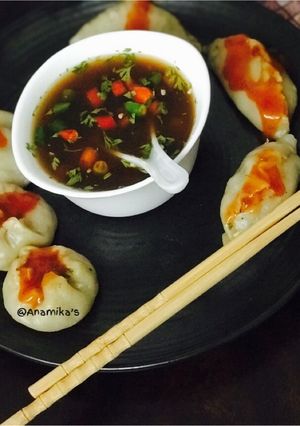 A picture of Chilli Chicken Momos/ Dimsums.