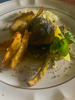A picture of Venison with Green Sauce and Fried Oranges.