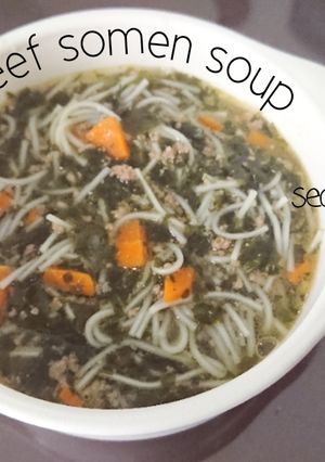 Hình của món Beef somen soup - Mì somen thịt bò rong biển.