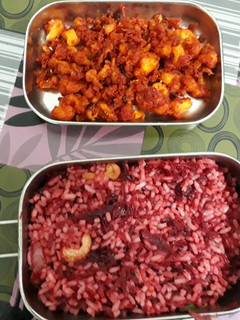 A picture of Beetroot rice and cauliflower fry.