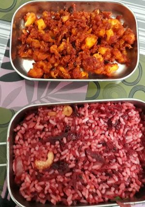 A picture of Beetroot rice and cauliflower fry.