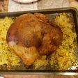 Chicken stuffed with rice, potatoes and green peas