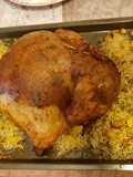 Chicken stuffed with rice, potatoes and green peas
