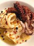 Calamari grigliati, polpo doppia cottura su crema di patate