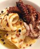 Calamari grigliati, polpo doppia cottura su crema di patate