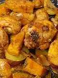 Frango assado com batata-doce e abóbora