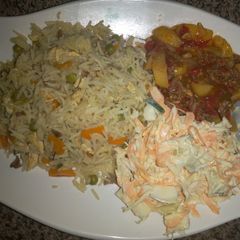 A picture of Chinese fried rice and coleslaw.