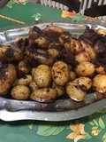 Pommes grenailles au lardons et marinade au vin rouge