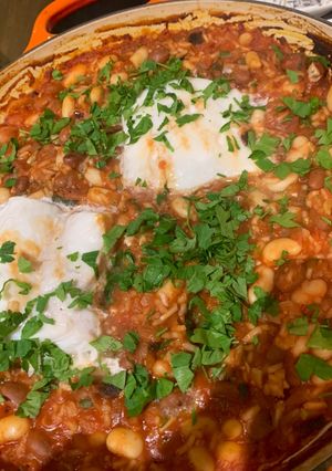 A picture of Smokey bean stew with cod.
