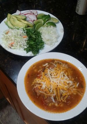 A picture of Brad's onepot Chipotle pozole.