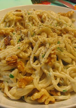 A picture of Brown Rice Spaghetti with Walnut cream sauce.